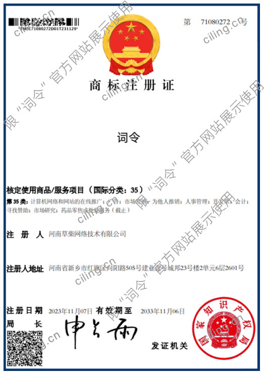 「 词令 」品牌商标注册证书-词令